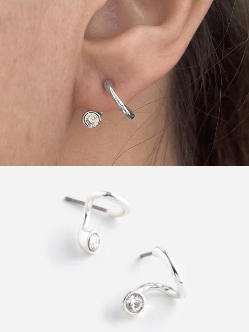 NWT Madewell Floating Crystal Huggie Hoop Earrings Polished Silver